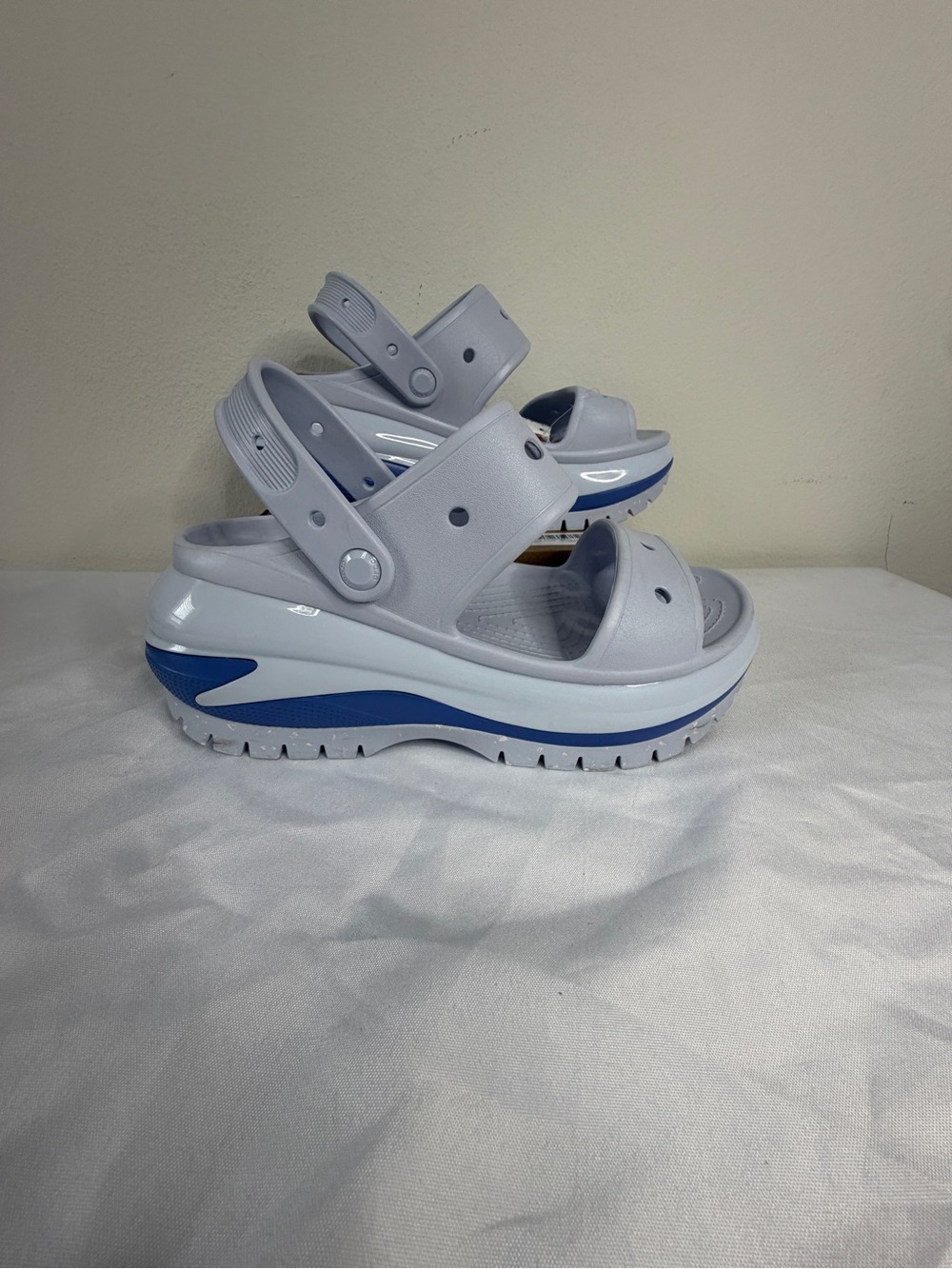 CROCS Platform Sandals in Light Gray and Blue Accent
